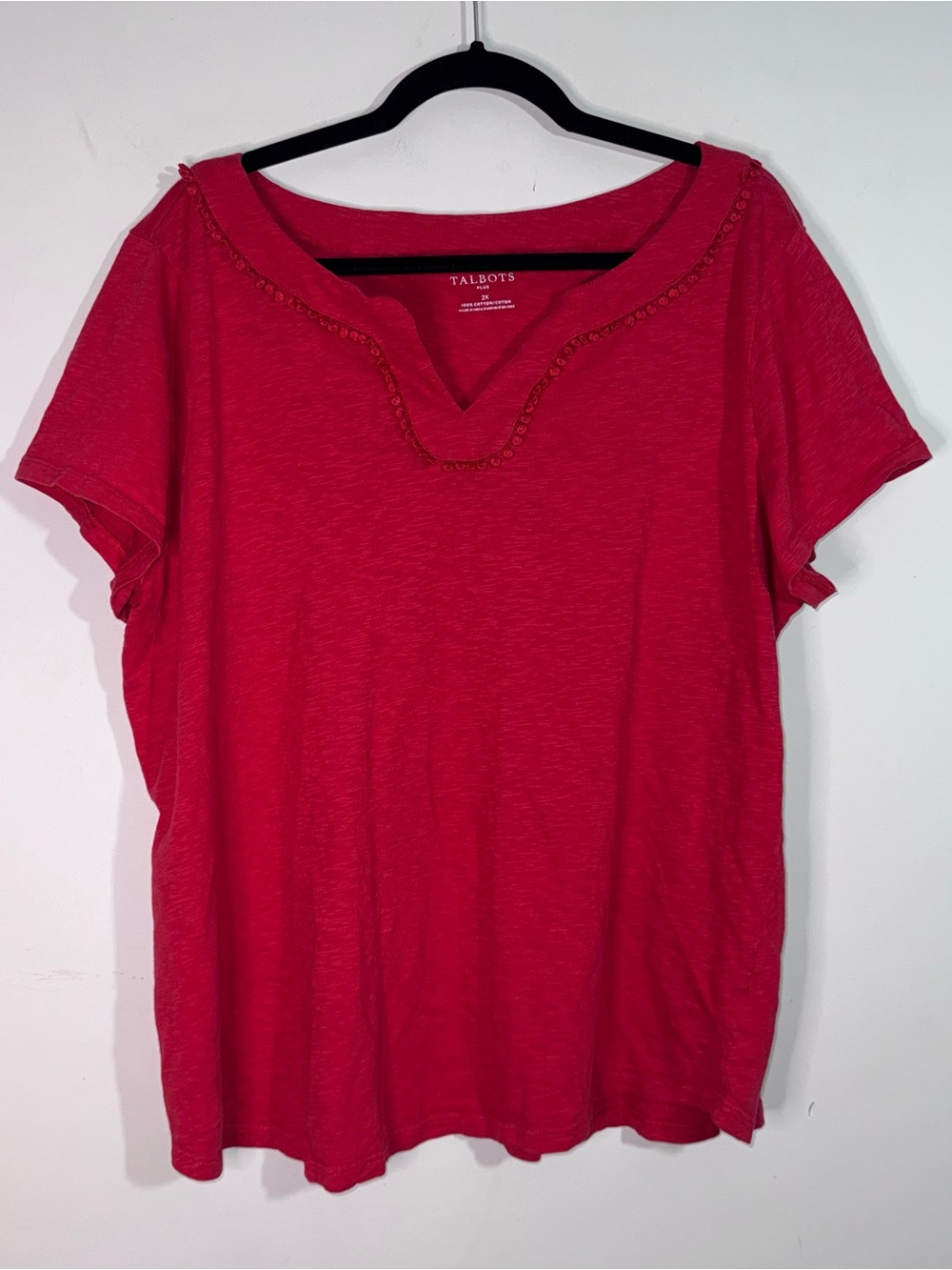 Talbots Plus 2X Pink Split Neck Cotton Slub Tee Short Sleeve Top